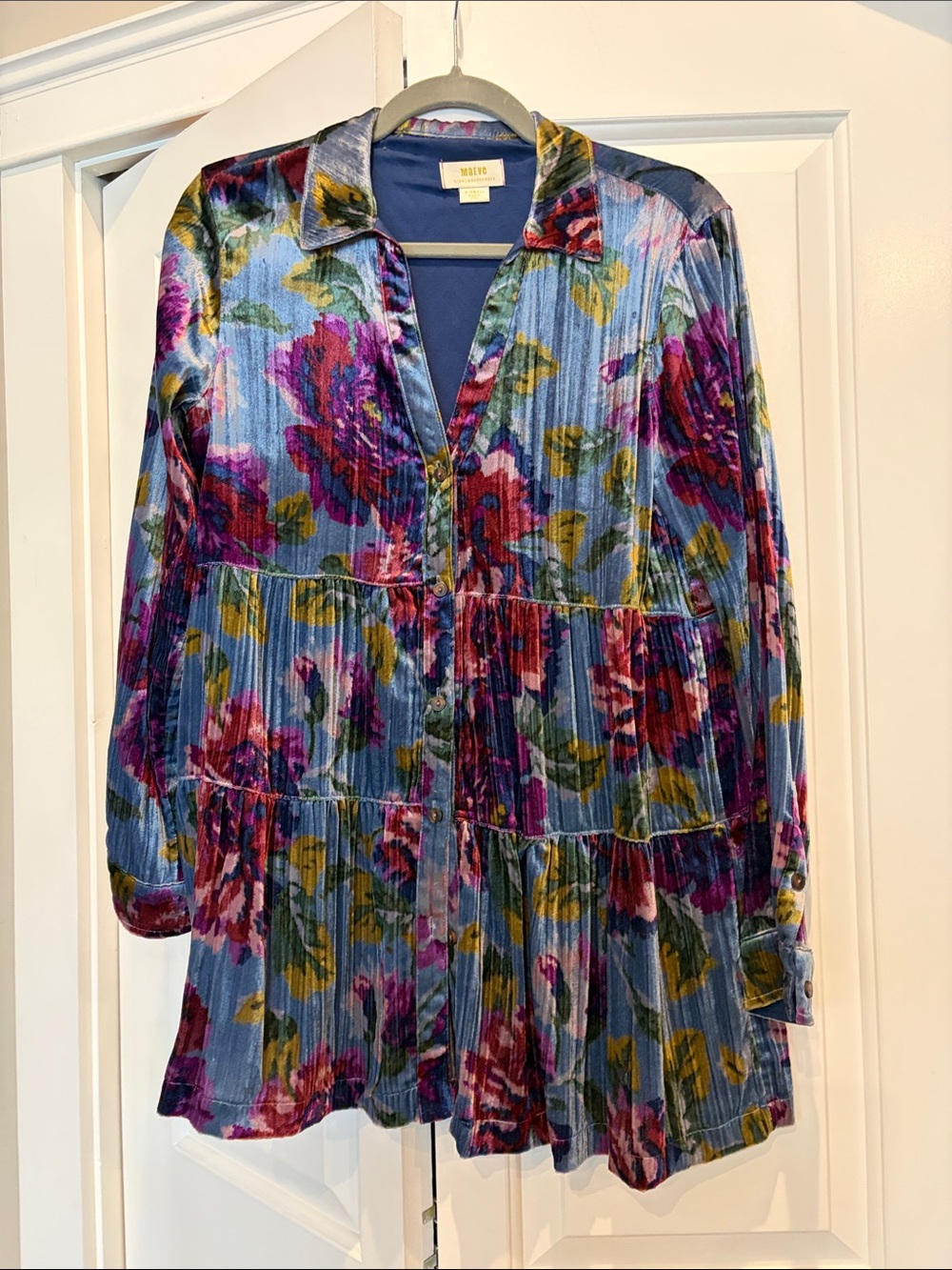 Maeve Blue Velvet Floral Tiered Blouse with Pink and Green Motif. X-small
